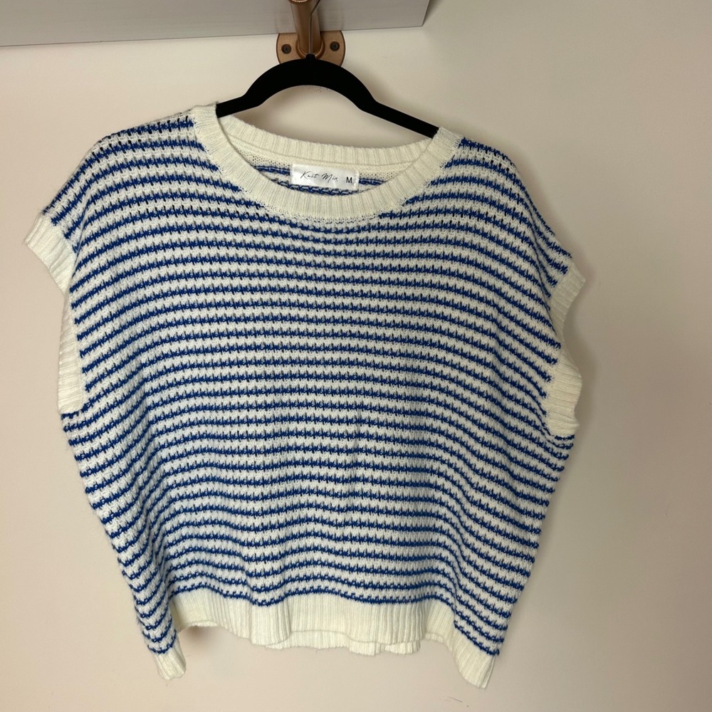 Knit Mix Womens Blue White Striped Crew Neck Sleeveless‎ Sweater Vest Size M